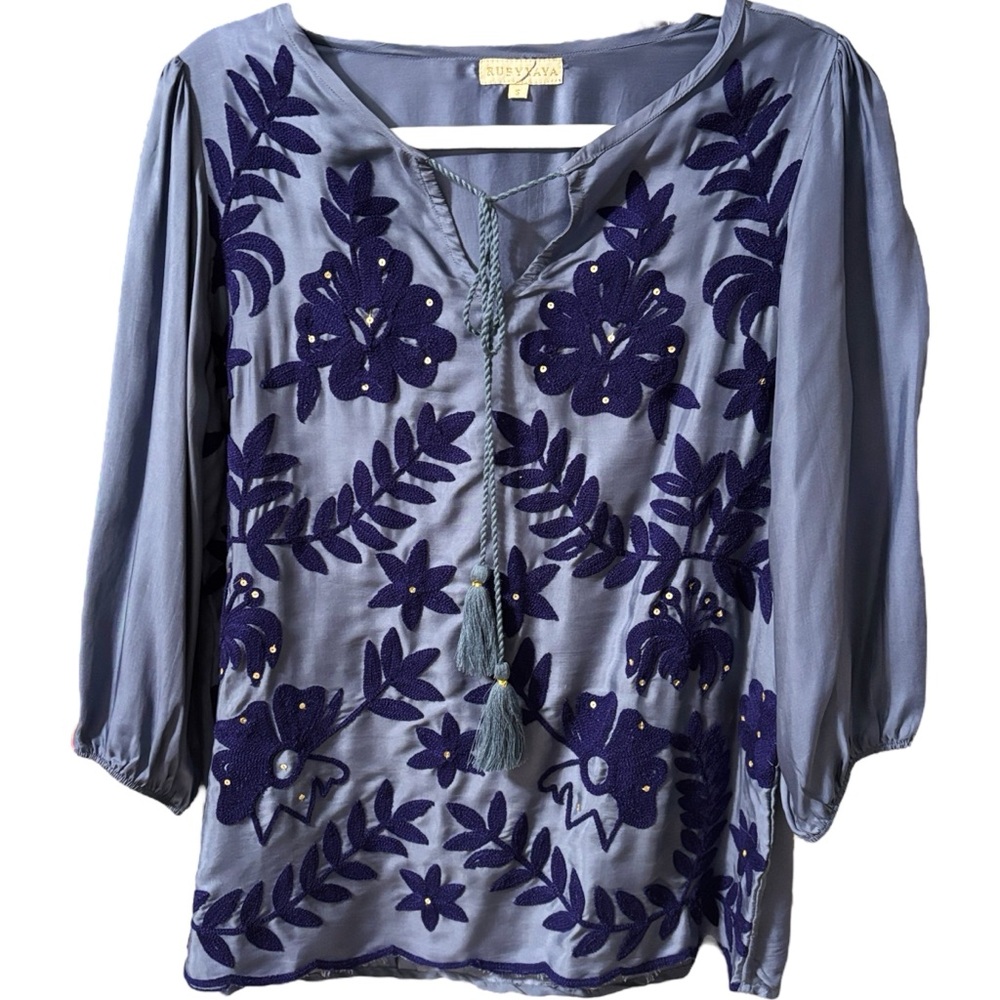 Rubyyaya Royal Blue Floral Patterned Blouse Size Small